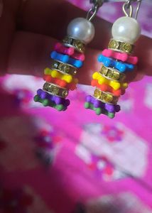 Pearl, Multicolour Beads And Stone Drop Earrings