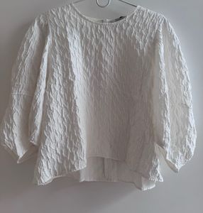 Zara Puff Sleeve Off White Textured Top