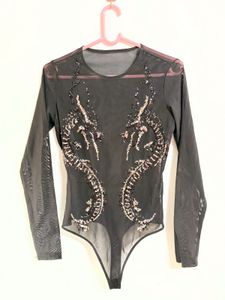 Embellished sheer Black Bodysuit