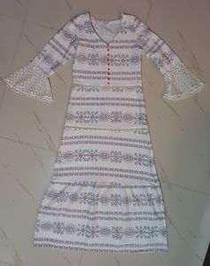 White Printed Bell Sleeves A- Line Dress