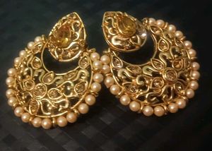 Kundan Pearl Chandbali Golden Earrings
