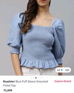 Blue Puff Sleeved Smocked Fitted Top By Roadster