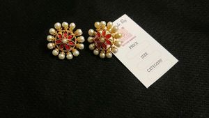 Pearl &amp; Red Flower Stud Earrings