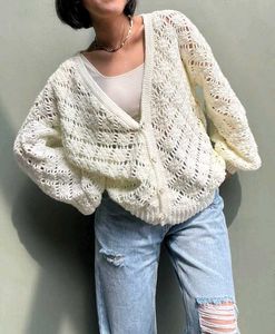 Handmade Off White Crochet Buttoned Cardigan