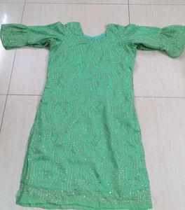 Green Aari Work Straight Cut Kurti