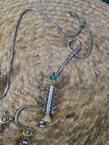 Silver Replica Long Pendant Set With Green Stones