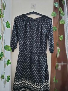 Black Printed Dress with Drawstring