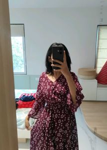 Maroon Fit &amp; Flare Midi Dress with Bell Sleeves