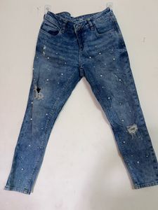 Distressed Pearl Embellished Denim Jeans