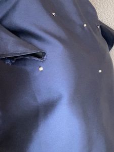 Elegant Navy Blue Pearl Embellished Top with Ruffl
