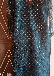 Teal Embellished Kurti with Mesh Sleeves