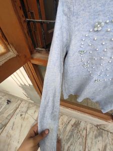 Ice Blue Sweater With Bead Details