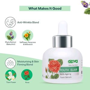 OZiva Youth Elixir Anti-Ageing Face Serum (with Phyto Retinol, Rose &amp; Tiare Flower) for Wrinkle Reduction &amp; Skin Tightening (Youth Elixr Serum, 30 ml)