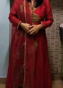 Red Embroidered  Gown With Dopatta
