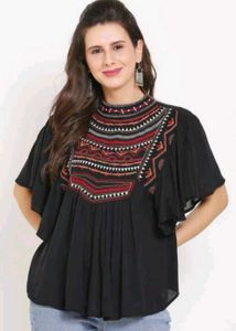 Casual Sleeveless Embroidered Black Top