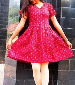 Cotton Short Dress With Adjustable Puffy Sleeve