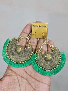 Green Tassel Statement Earrings