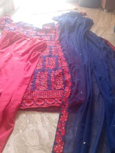 Red &amp; Navy Embroidered Kurti