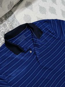 Men Blue Striped Classic Collar Tshirt