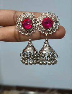 Silver Megenta Pink Stone Jhumka Earrings