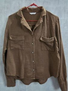 Linen Brown Button Up Shirt For Women