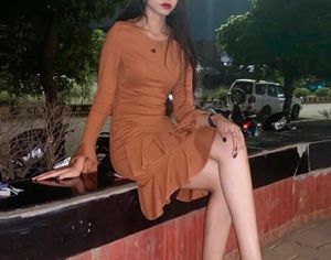 Ruffle Brown Bodycone Dress