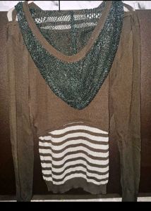 Denim Dress With Brown And  White Striped Hodie