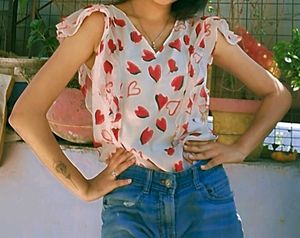 Heart Print V-Neck Top