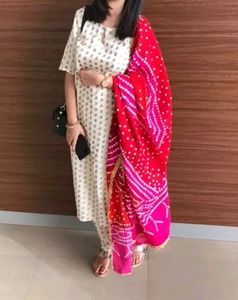 Cream Suit with Red Dupatta