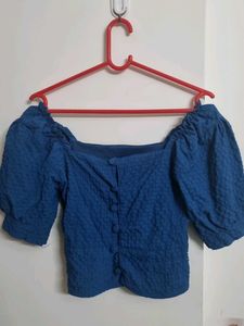 Blue Puff Sleeve Button-Up Top