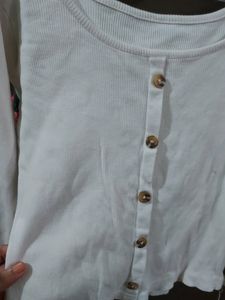 White Ribbed Button-Front Top