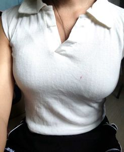 White Ribbed Polo Tank Top