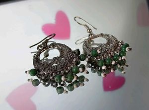 Elegant Oxidized Hoop Earrings with Green Beads