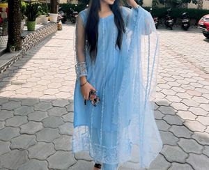 On Sale💥Sky Blue Net Embroidered Kurta Set