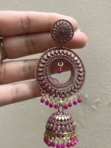 magenta/pink golden Jhumka Earrings