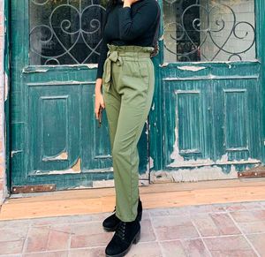 Olive Green Cigarette Trousers With Fabric Belt