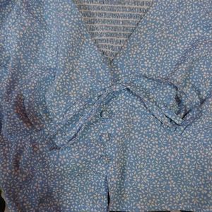 Blue Floral Puff Sleeves Crop Top