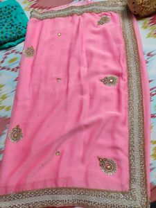 Neon/Light Pink Saree With Pearl &amp; Golden Work