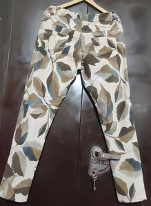Light Olive Leaves Printed Trouser Pant 32 Waist