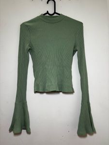 High Neck Ribbed Top With Bell Sleeves