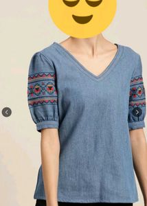 All About You Embroidered Sleeve Denim Top