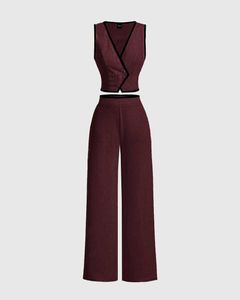 Vintage Color Block Trim Suit Set In Cherry Red