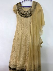 Golden Netted Anarkali Kurta With Shawl
