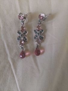 Long Silver drops with emeralds, pink tourmalines