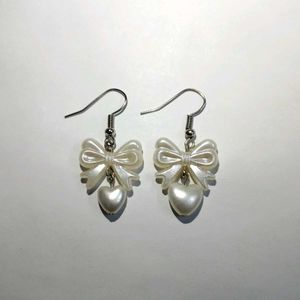 Handmade Pearl Bow Earrings with Heart