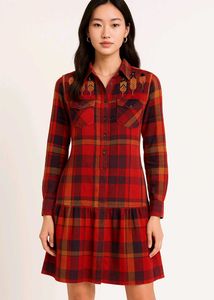 Korean Plaid Embroidered Pleated Dress