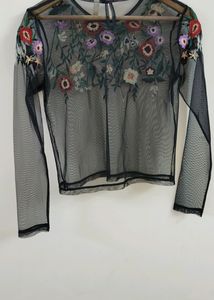 Black Floral Embroidered Mesh  Top