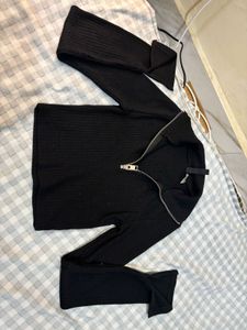 Black Ribbed Zip-Up Top