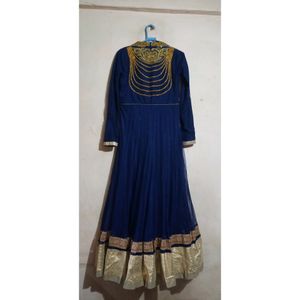 Elegant Navy Blue &amp; Gold Anarkali Dress