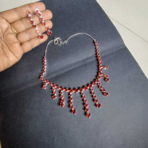 Red Silver Necklace Set With Earring